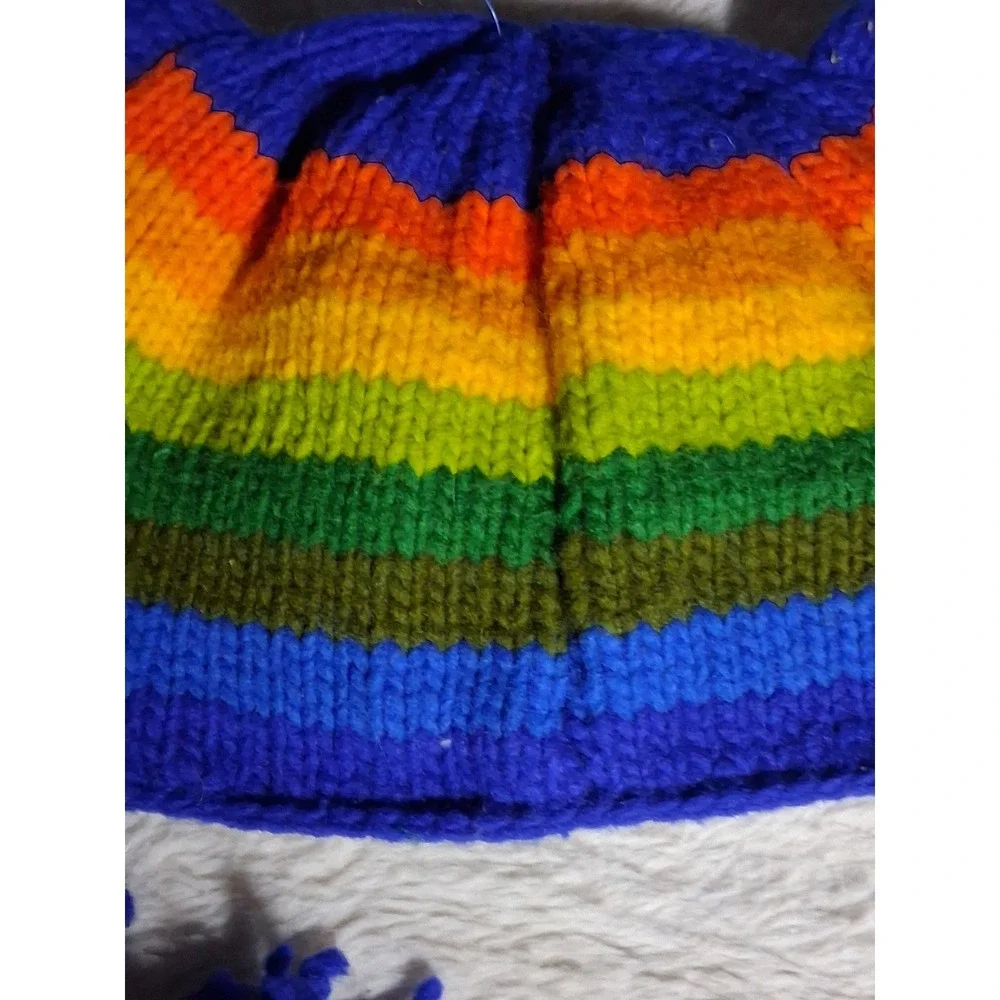 Vive Bien Youth Rainbow Owl Wool  Hat Fleece Lined Handcrafted Ecuador